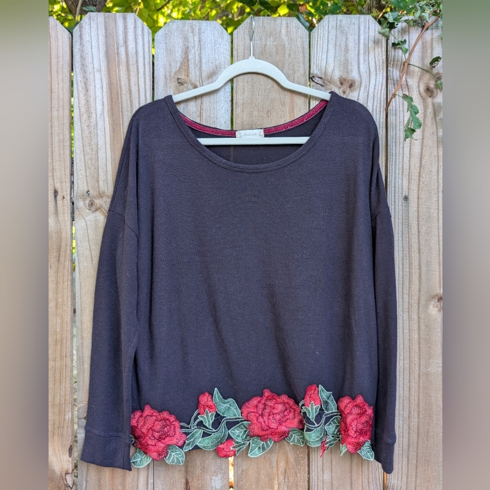 Altar'd State Soft Black Long Sleeve Floral Hem Shirt